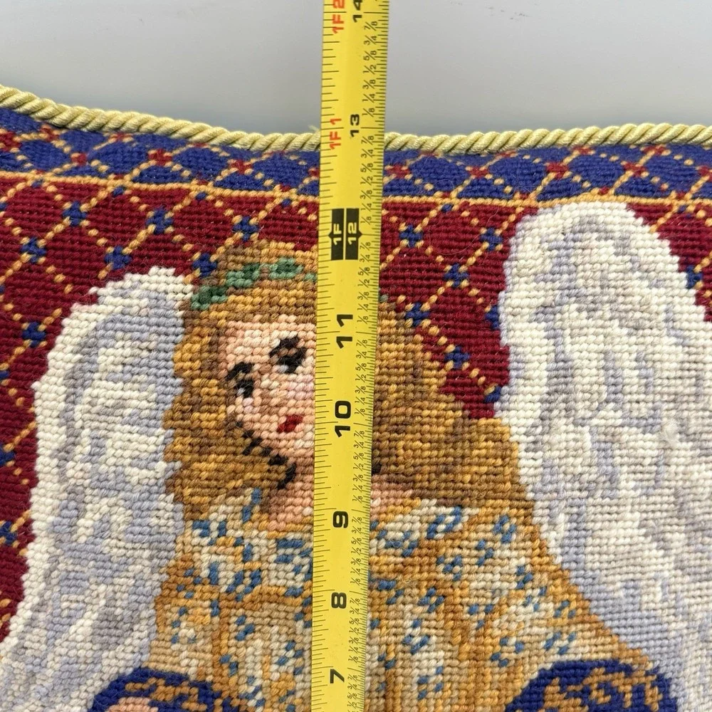 Vintage Handmade Angel Needlepoint Throw Pillow USA Tapestry w Velvet Back 12x12